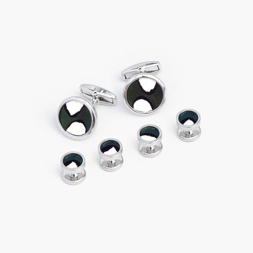 Sleek 'Kodiak' cufflink and shirt stud set featuring bold black, white, and deep green inlaid feather design inside silver rhodium plated hardware.